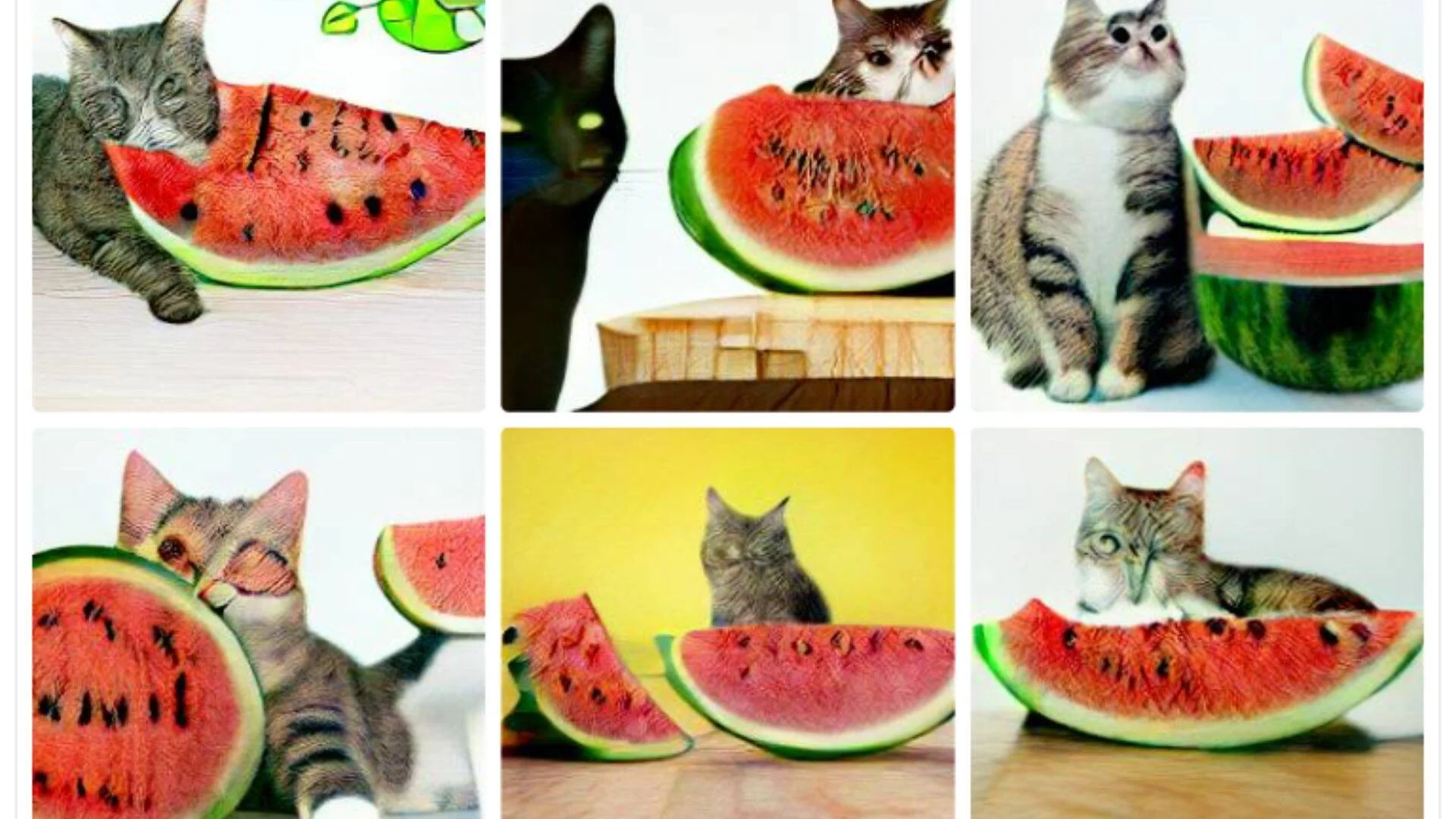 Seis fotografías de gatos de distintos colores posando junto a grandes rebanadas de sandía roja.