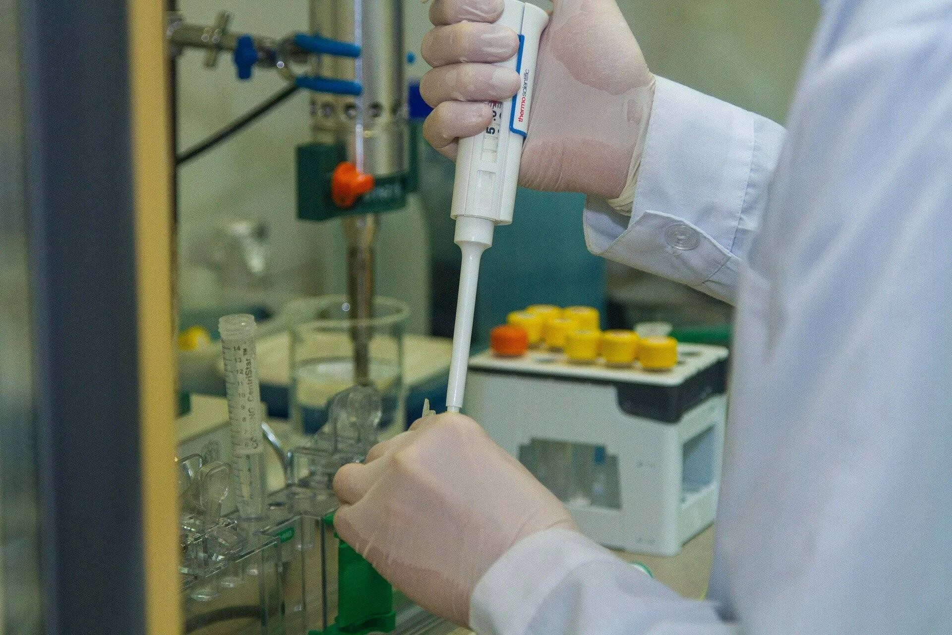 Investigador con guantes y bata blanca usa una micropipeta para transferir líquido en un laboratorio equipado con tubos y reactivos.