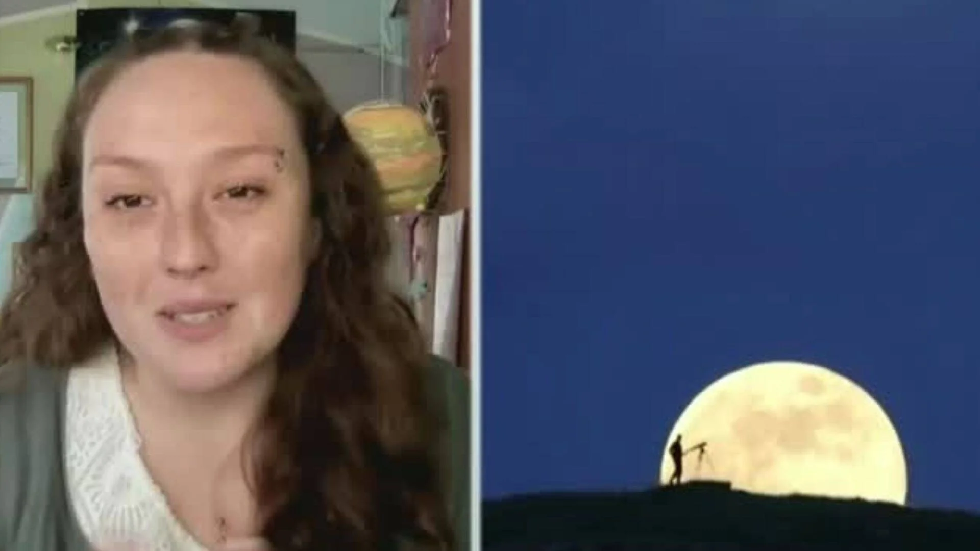 Mujer joven siendo entrevistada por videollamada, junto a imagen de silueta con telescopio frente a una luna llena en cielo azul.