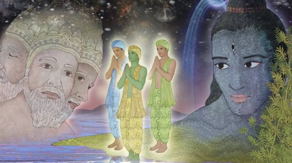 Ilustración de estilo hindú con tres figuras de piel verde orando, rodeadas de rostros divinos de gran tamaño en tonos azules y grises.