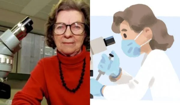 Mujer mayor con gafas y jersey rojo junto a un microscopio, al lado de una ilustración de una científica con mascarilla observando por un microscopio.