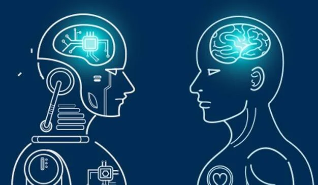 Ilustración de un robot con circuito integrado en la cabeza enfrentado a una figura humana con cerebro biológico, simbolizando inteligencia artificial versus humana.
