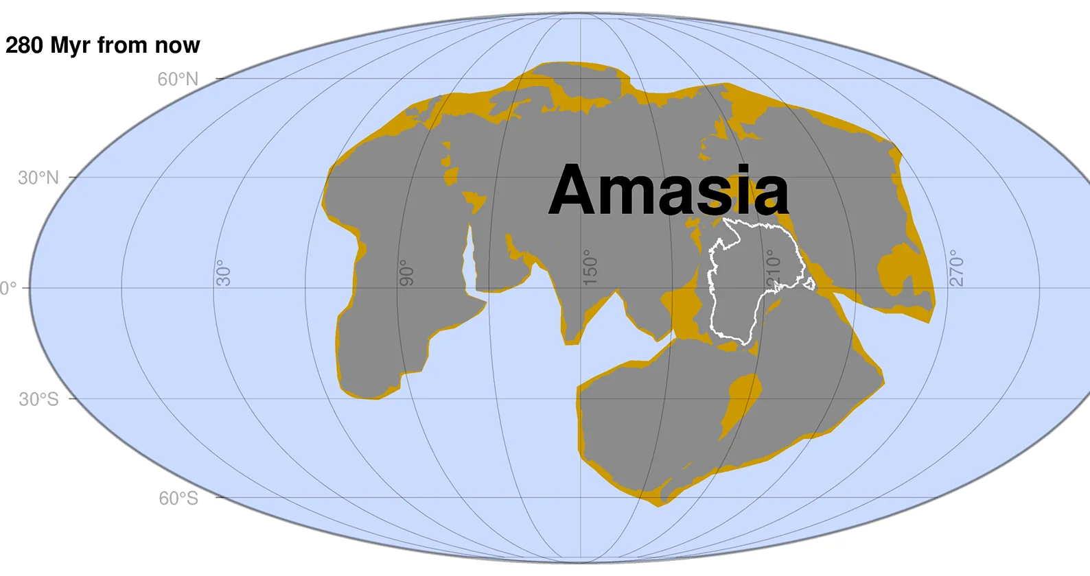Proyección del supercontinente Amasia formado por la fusión de los continentes actuales, estimada para dentro de 280 millones de años.