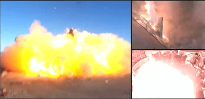 Gran explosión con bolas de fuego y humo durante la destrucción de un cohete en una prueba estática.