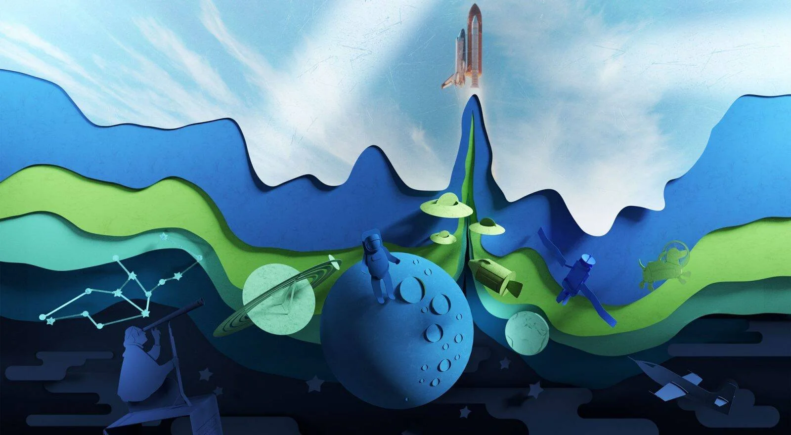 Ilustración en capas de papel que representa la historia de la exploración espacial: astrónomo, planetas, astronauta, OVNI, satélite y transbordador espacial.