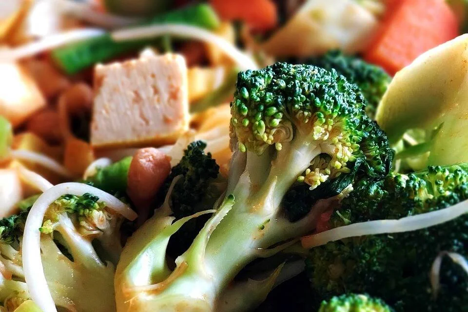 Plato de salteado con brócoli, trozos de pollo, zanahoria, brotes y fideos con salsa.