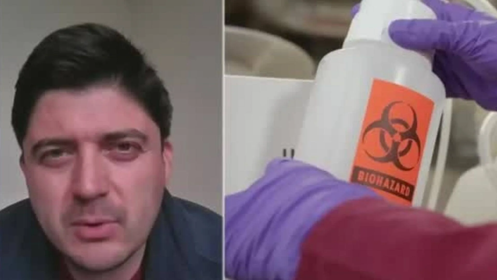 Pantalla dividida: hombre siendo entrevistado y manos con guantes sosteniendo un frasco con etiqueta de riesgo biológico.