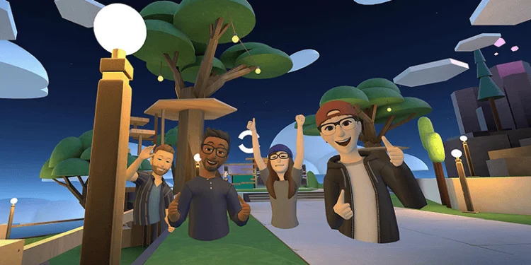 Cuatro avatares animados posan juntos con gestos de celebración en un entorno virtual de metaverso con árboles y cielo nocturno.