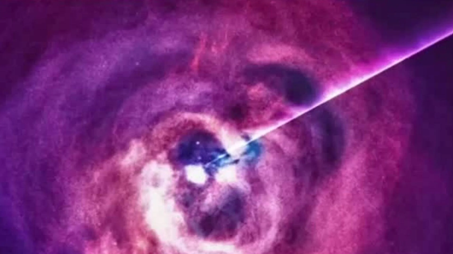 Representación artística de un objeto astrofísico compacto emitiendo un potente chorro de energía rodeado de nebulosa púrpura y rosa.