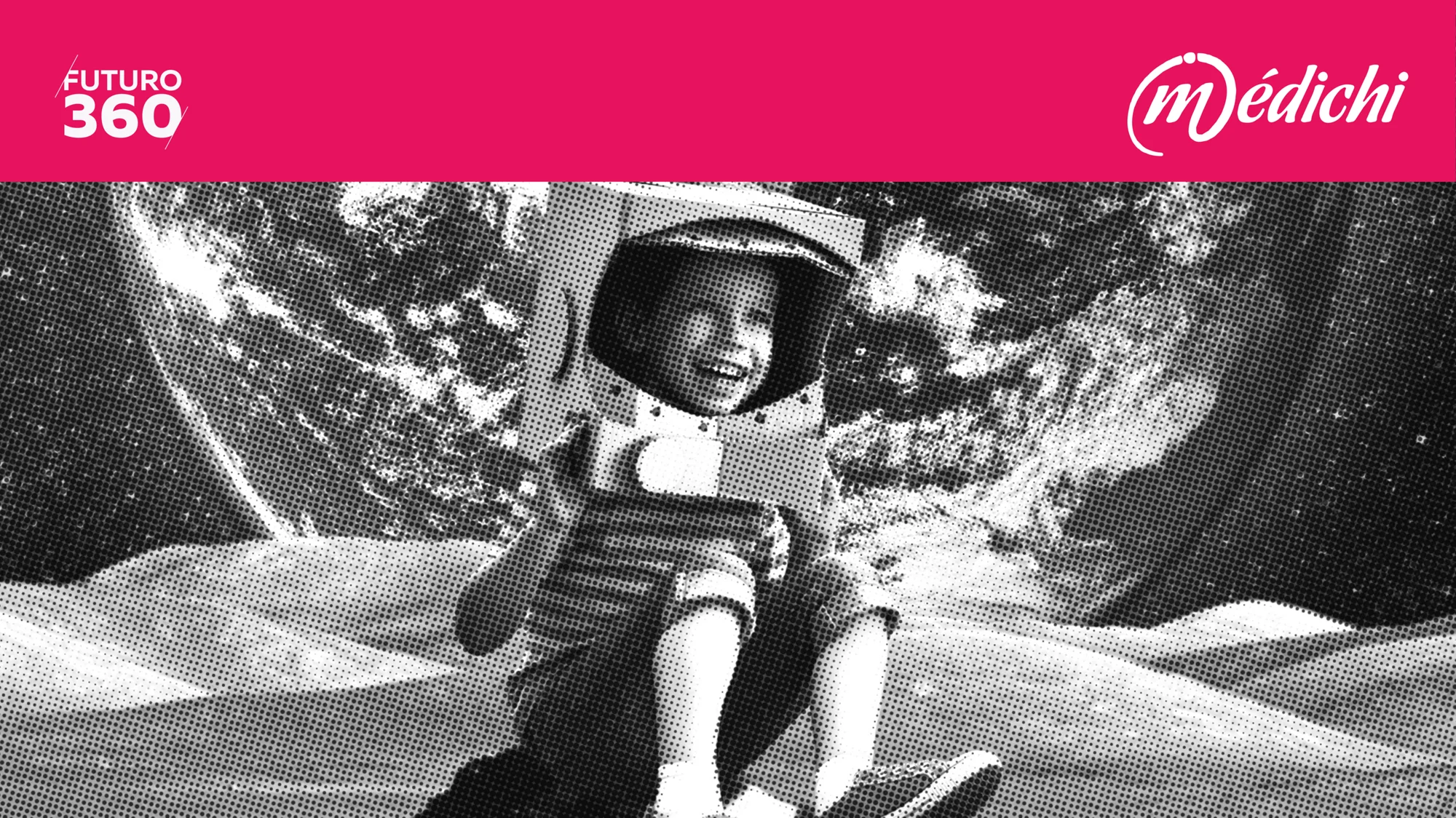 Niño sonriente vestido con traje de astronauta, imagen en blanco y negro con estética de semitono, bajo los logos de Futuro 360 y Médichi.