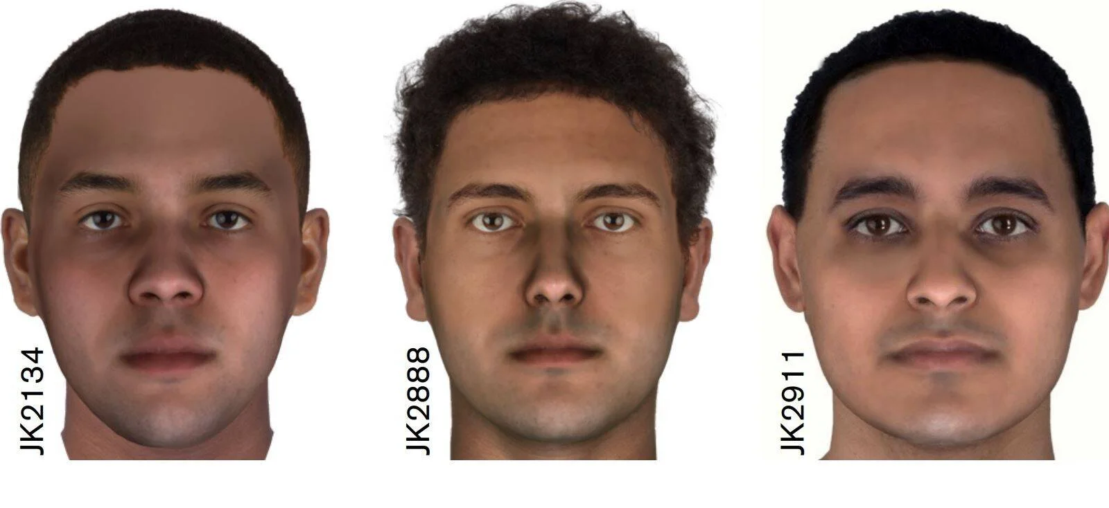 Tres reconstrucciones faciales digitales en 3D de individuos etiquetados JK2134, JK2888 y JK2911, posiblemente momias egipcias analizadas genéticamente.