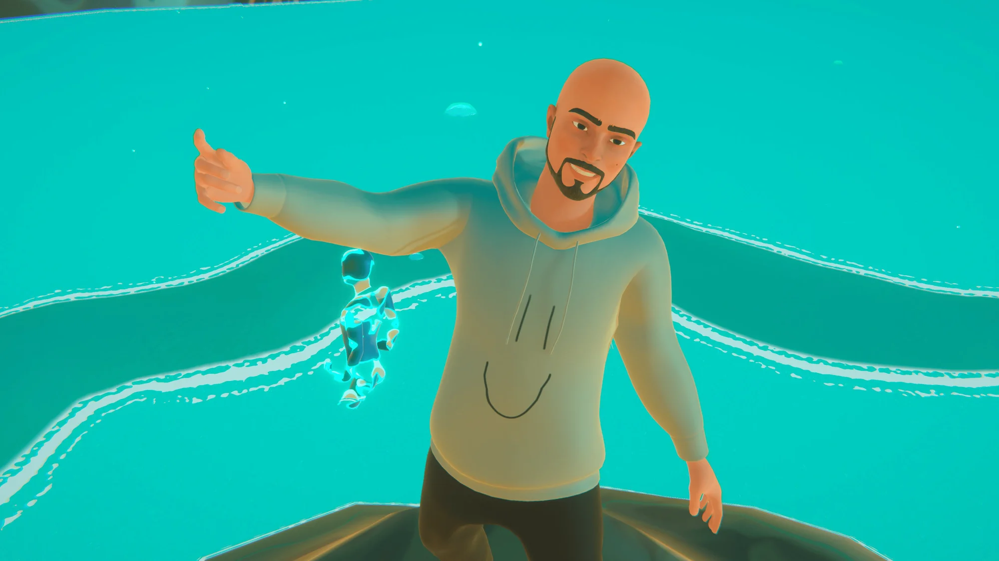 Avatar masculino animado en 3D con sudadera, haciendo pulgar arriba junto a una figura luminosa en un mundo virtual color turquesa.