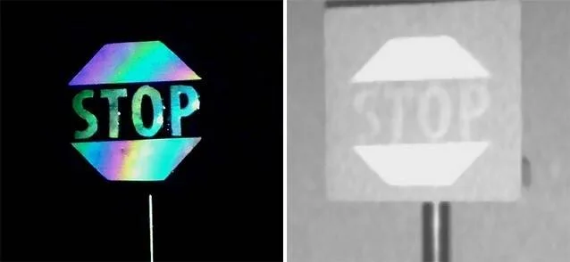 Comparación de señal de stop con revestimiento holográfico visible al ojo humano (izquierda) e invisible para cámara infrarroja (derecha).