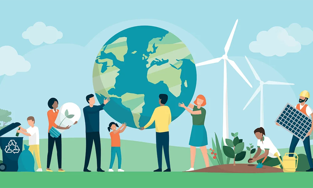 Grupo de personas sostiene el planeta Tierra mientras reciclan, plantan, usan energía solar y eólica en una ilustración sobre sostenibilidad.
