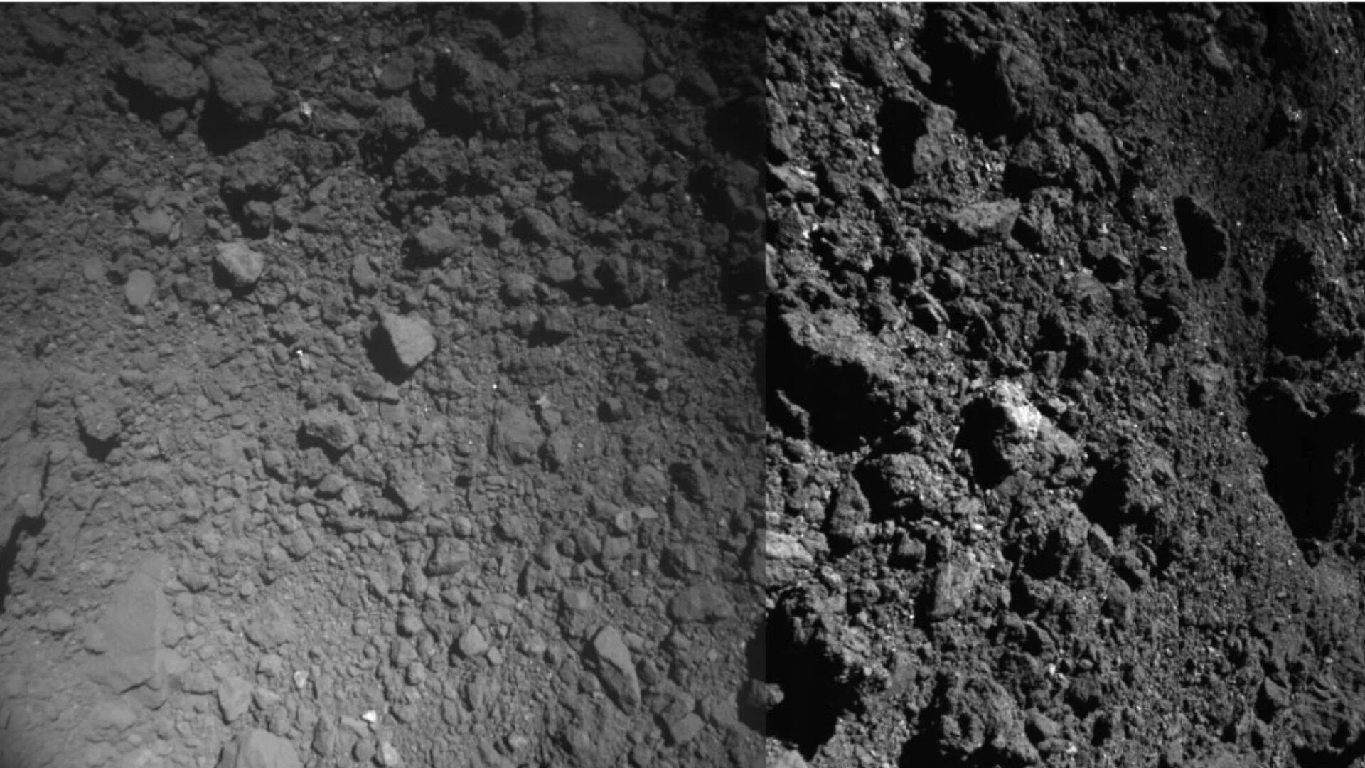 Comparación de dos imágenes en blanco y negro de la superficie rocosa y pedregosa de un asteroide tomadas desde una sonda espacial.