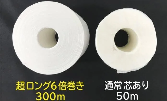 Dos rollos de papel higiénico comparados: uno extra largo de 300 m (6 veces mayor) y uno estándar de 50 m con tubo interior.