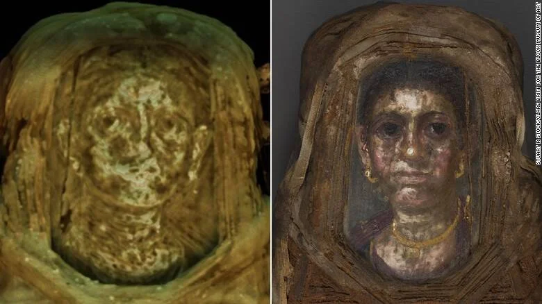 Comparación entre un escaneo tomográfico de una momia egipcia y su retrato del Fayum pintado sobre el sarcófago.