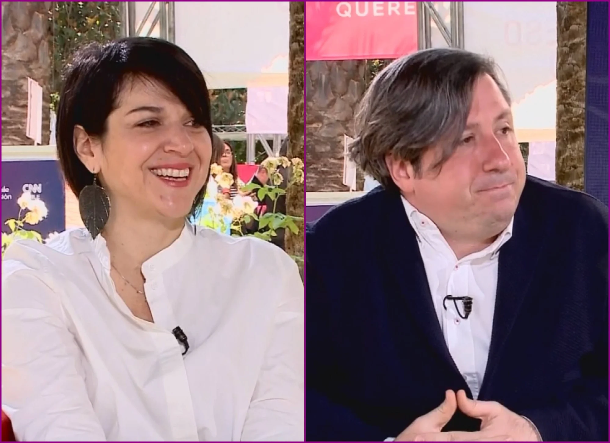 Una mujer sonríe y un hombre con micrófono de solapa participan en una entrevista al aire libre con pantallas de CNN Chile al fondo.