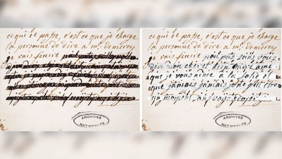Comparación de un manuscrito histórico en francés con líneas tachadas (izquierda) y su texto descifrado digitalmente (derecha), sellado por Archives Nationales.