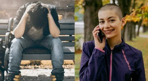 A la izquierda, una persona sentada en un banco con la cabeza entre las manos; a la derecha, una joven con cabeza rapada sonríe mientras habla por teléfono en un parque.