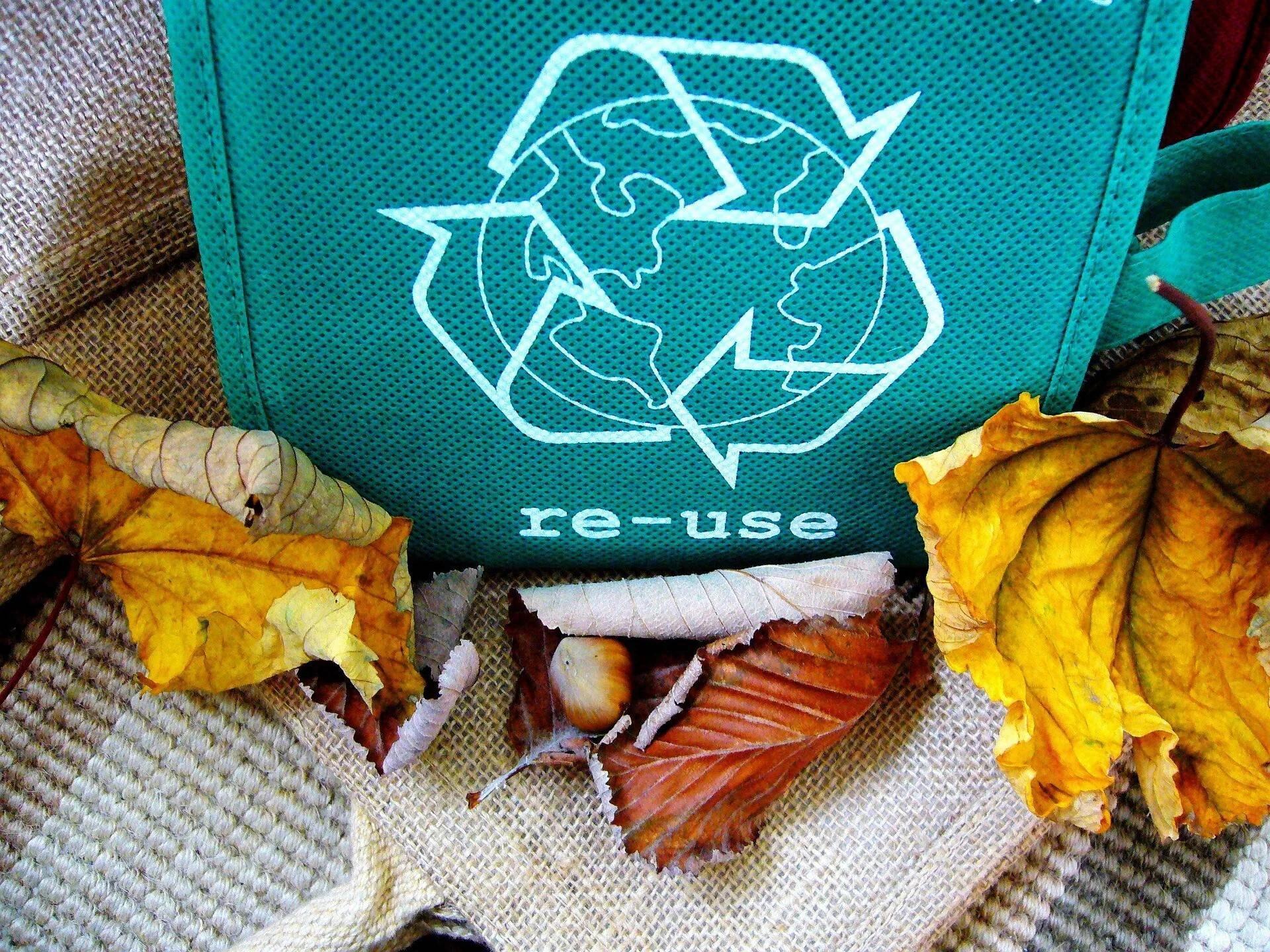 Bolsa de tela verde con el símbolo de reciclaje y la palabra 're-use', rodeada de hojas secas otoñales sobre arpillera.