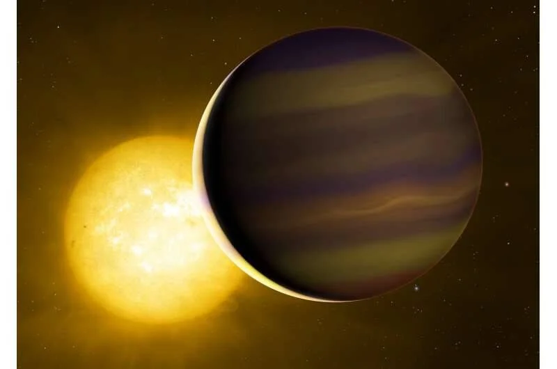 Ilustración artística de un exoplaneta gigante gaseoso con bandas atmosféricas frente a una estrella amarilla brillante.