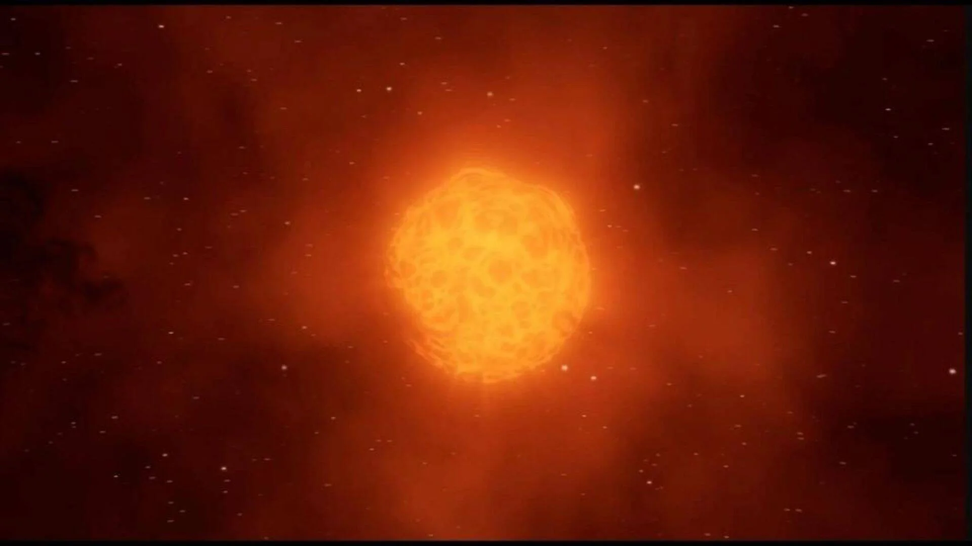 Representación artística de una estrella gigante roja brillante rodeada de nebulosa rojiza y estrellas distantes.