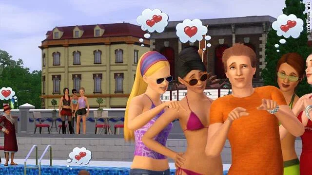 Captura de pantalla de Los Sims mostrando personajes con globos de pensamientos románticos junto a una piscina.