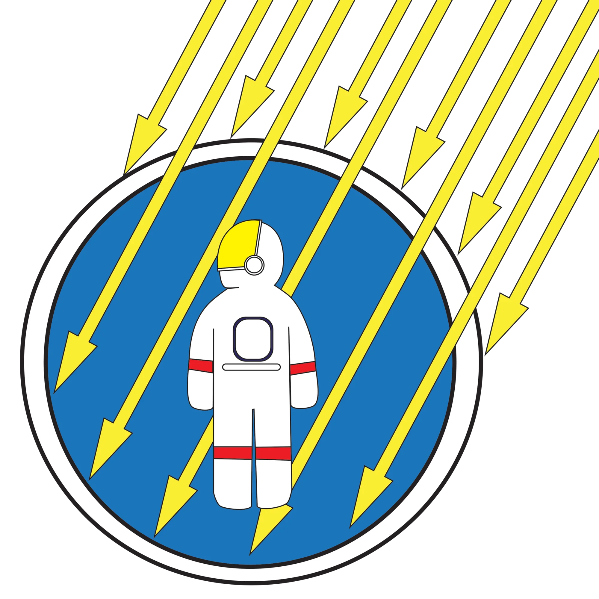 Ilustración de un astronauta en traje espacial dentro de un círculo azul, rodeado de flechas amarillas que simbolizan radiación solar incidente.