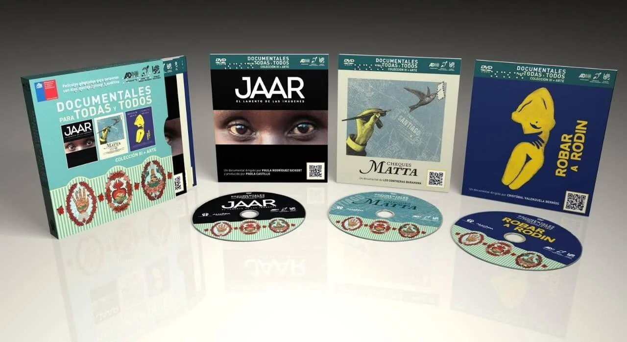 Colección de tres DVDs documentales sobre arte: Jaar, Cheques Matta y Robar a Rodin, con sus estuches y discos.