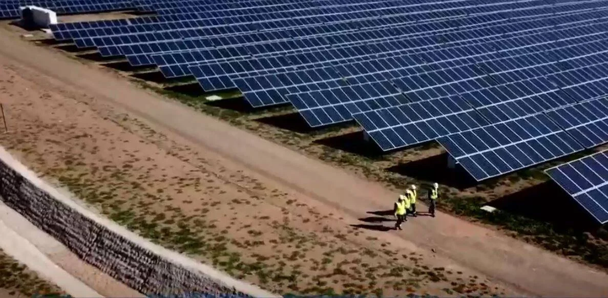 Técnicos con chalecos y cascos amarillos caminan junto a extensas filas de paneles solares en una planta fotovoltaica.