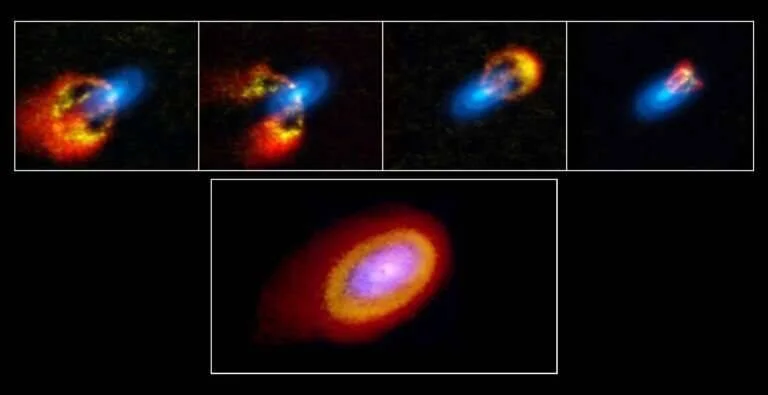 Cinco imágenes en falso color muestran la evolución de un disco protoplanetario con emisiones en rojo, naranja y azul captadas por radiotelescopio.