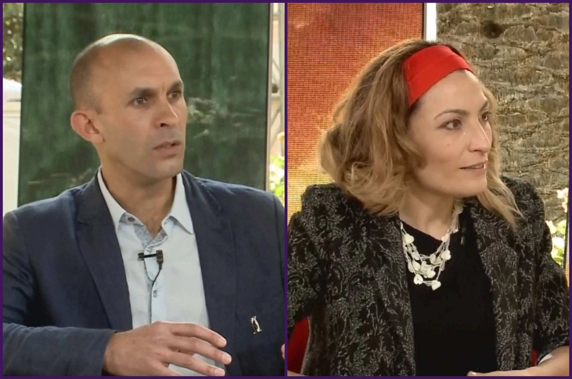Dos personas entrevistadas en distintos programas de televisión: un hombre con blazer azul y una mujer con vincha roja.