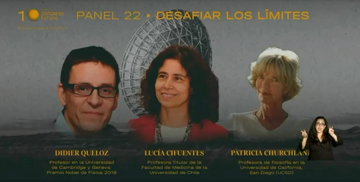 Gráfica del Panel 22 'Desafiar los límites' del Congreso Futuro con los panelistas Didier Queloz, Lucía Cifuentes y Patricia Churchland.