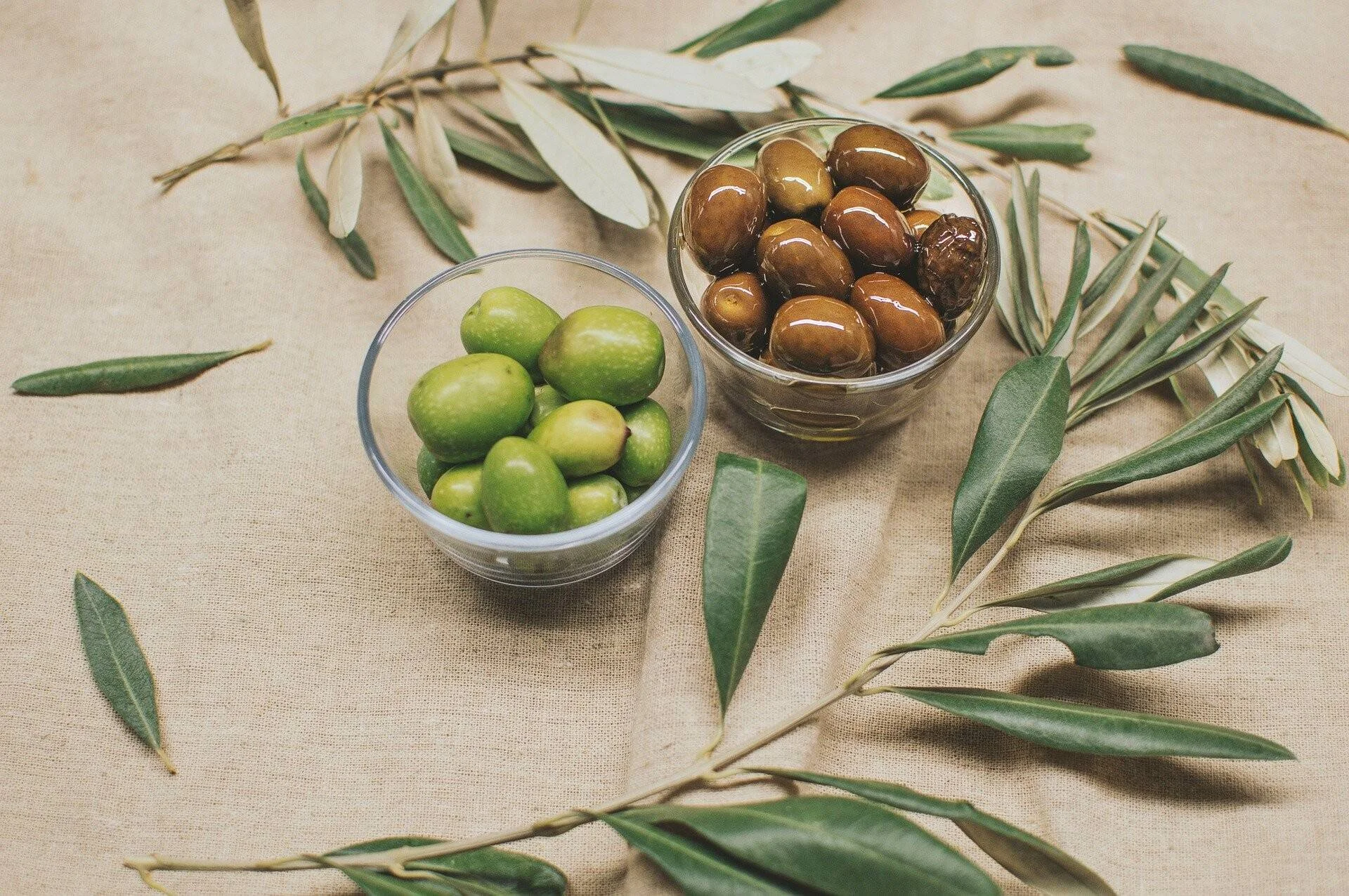 Dos cuencos de vidrio con aceitunas verdes y negras en aceite, rodeados de ramas de olivo sobre tela de arpillera.