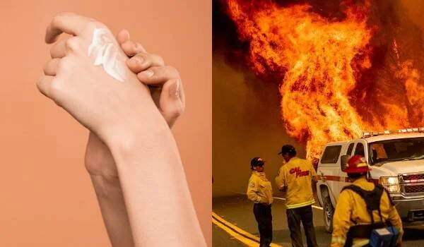 Collage: manos aplicando crema hidratante y bomberos frente a grandes llamas junto a un vehículo de emergencias.