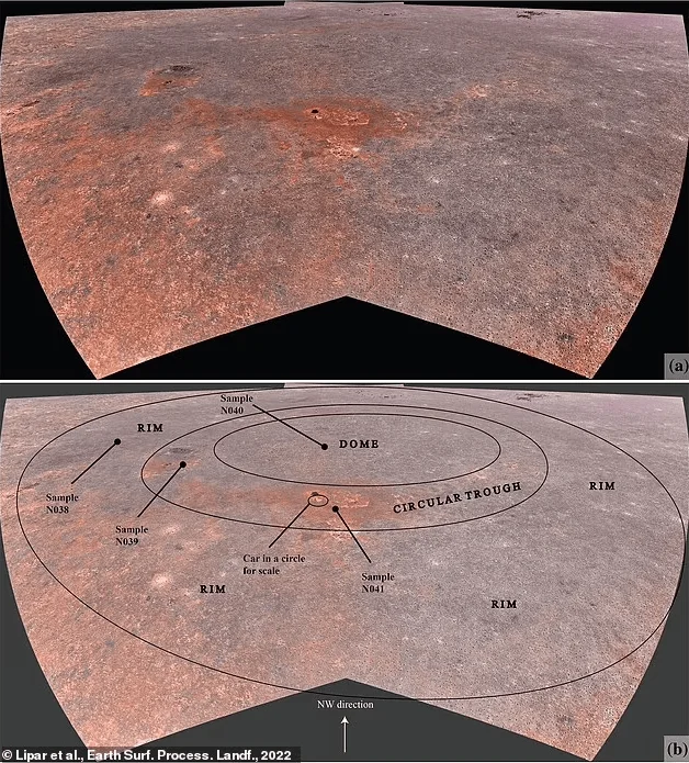 Comparación de imagen panorámica de Marte mostrando una estructura circular con cúpula, fosa y borde exterior, con muestras geológicas señaladas y un auto como escala.