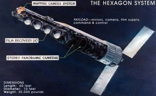 Ilustración técnica del satélite de reconocimiento Hexagon con etiquetas que identifican el sistema de cámaras de mapeo, cámaras panorámicas estéreo y cápsulas de recuperación de película.