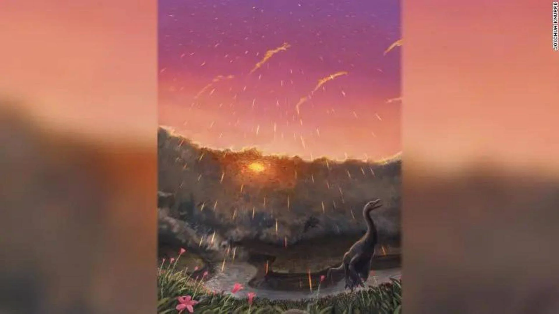 Ilustración artística de un dinosaurio observando una lluvia de meteoros en el cielo al atardecer, con pterosaurios volando al fondo.