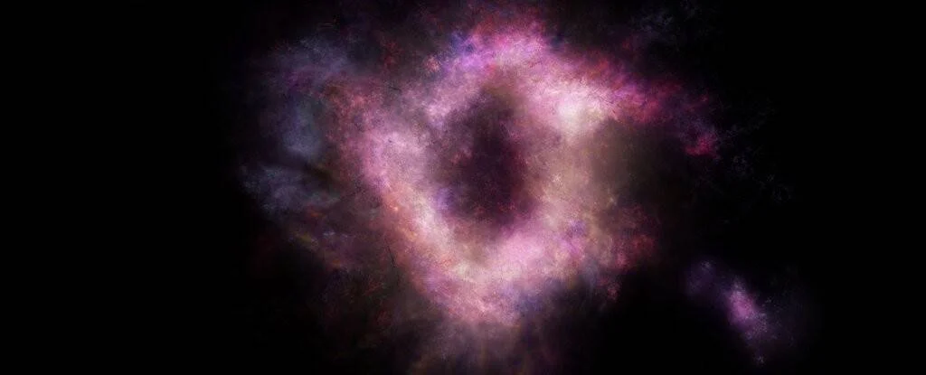 Ilustración artística de una nebulosa con nubes de gas en tonos rosa, violeta y gris sobre fondo negro del espacio.