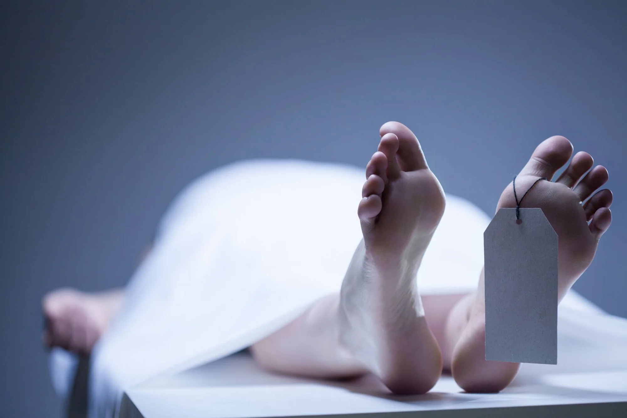 Cuerpo cubierto con sábana blanca en una morgue, con etiqueta de identificación atada al dedo del pie.