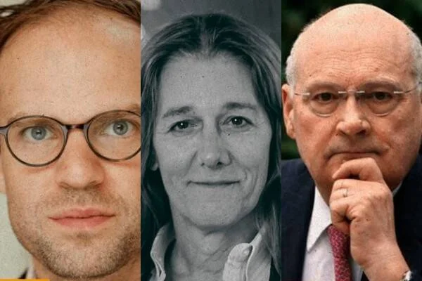 Retratos combinados de tres personas: un hombre joven con gafas, una mujer de mediana edad en blanco y negro, y un hombre mayor con corbata roja.