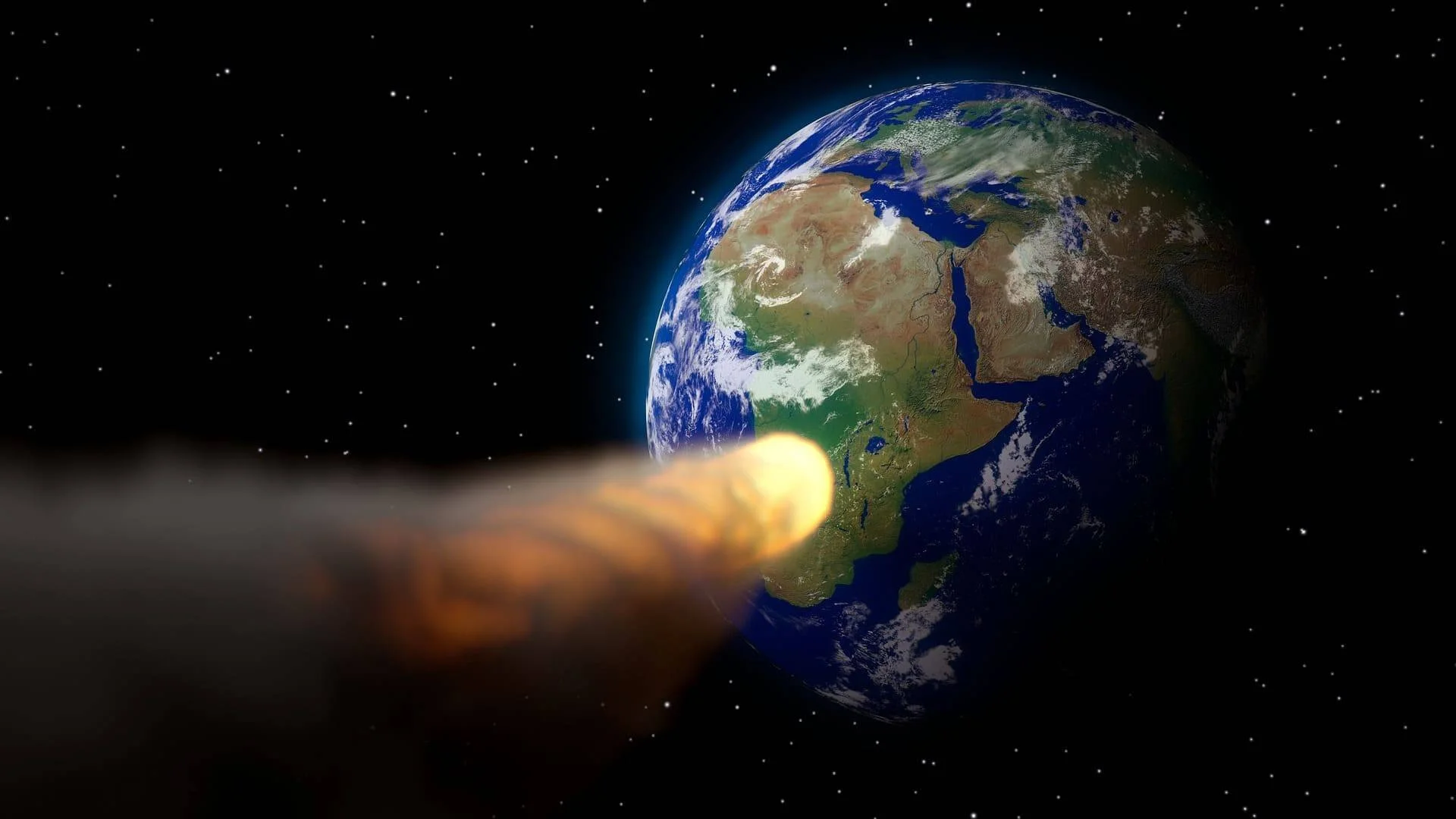 Ilustración digital de un asteroide en llamas dirigiéndose hacia la Tierra vista desde el espacio.