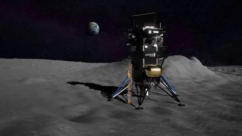 Renderizado de un módulo de aterrizaje lunar de Intuitive Machines sobre la superficie lunar con la Tierra visible al fondo.
