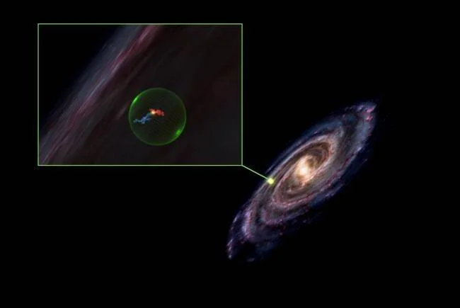Diagrama que muestra la ubicación de una burbuja de gas en el brazo espiral de la Vía Láctea, con un recuadro ampliado que revela su estructura interna multicolor.