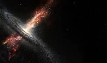 Representación artística de una galaxia espiral con chorros de gas y polvo brillante eyectados desde su núcleo hacia el espacio.