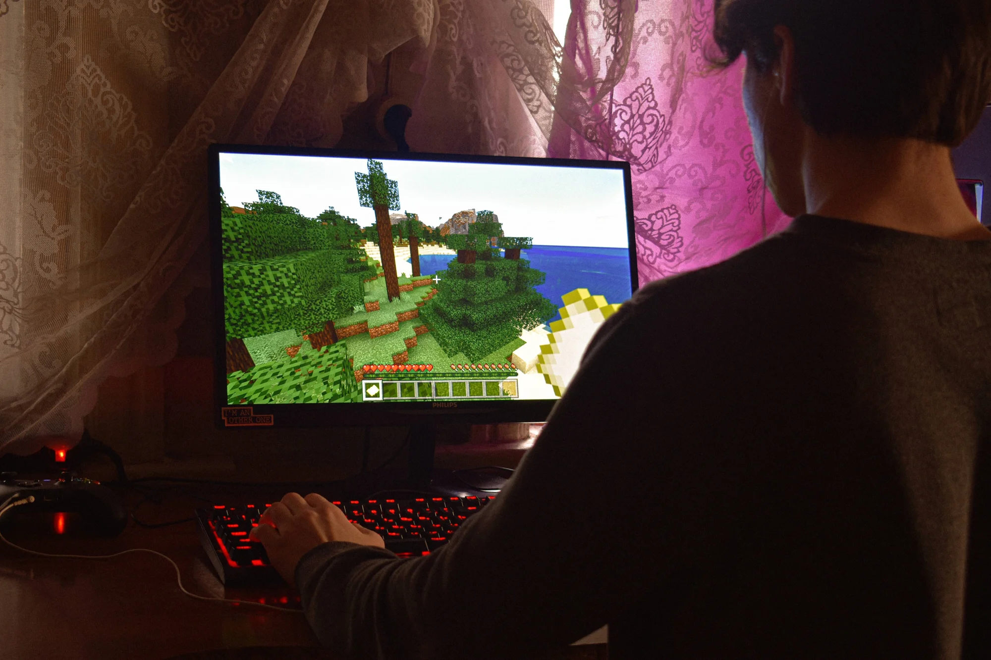 Una persona vista de espaldas juega Minecraft en un monitor con teclado retroiluminado en rojo en una habitación oscura.