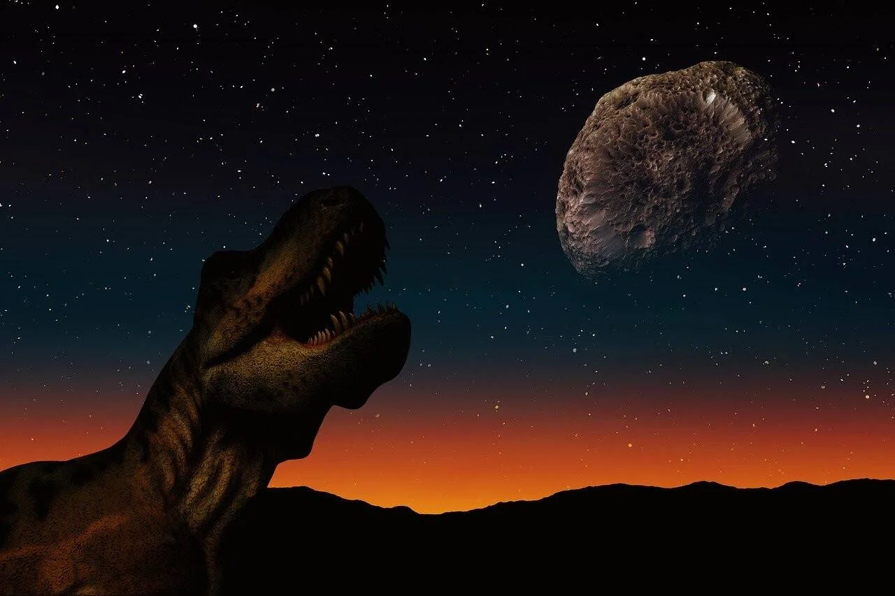 Recreación artística de un tiranosaurio con las fauces abiertas observando un gran asteroide aproximándose en el cielo estrellado.