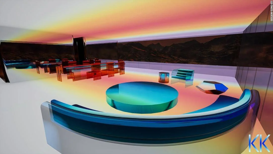 Renderizado 3D de un interior virtual con muebles translúcidos en colores neón y un cielo iridiscente al fondo.