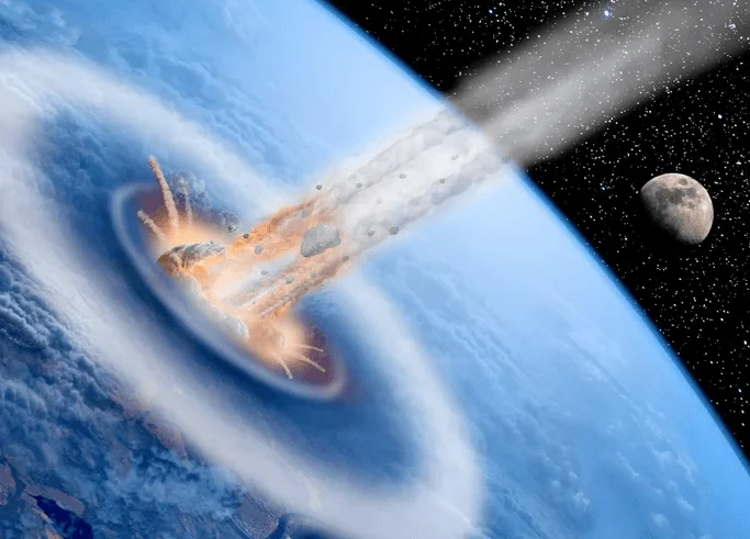 Recreación artística de un asteroide en llamas chocando contra la Tierra, con la Luna visible al fondo.